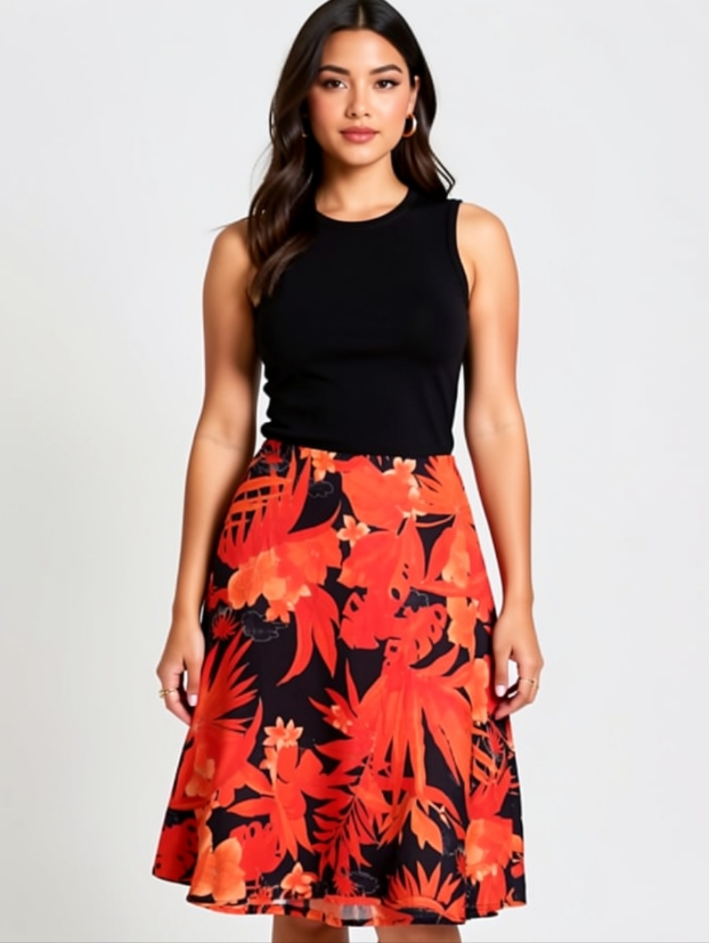 8 🌴 Monté Orange & Black Flaming Tropical A-Line Skirt
